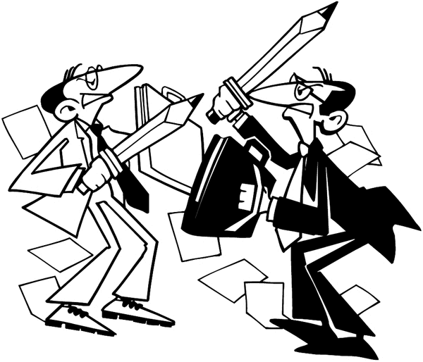 Fighting businessmen with pencils as swords vinyl sticker. Customize on line. Crazy Comics 026-0164